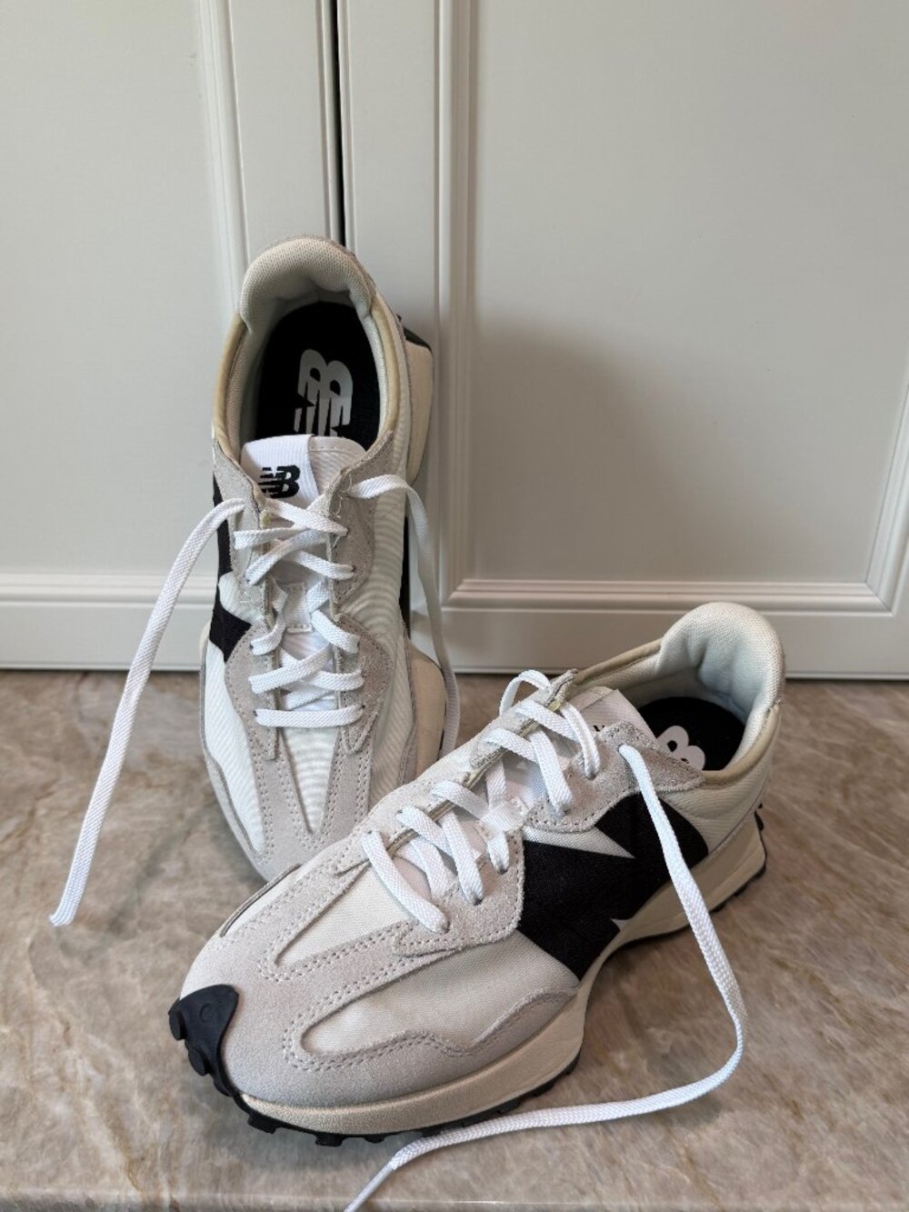 New Balance Womens 327 Sea Salt, Black and White Sneaker Sizes 8.5